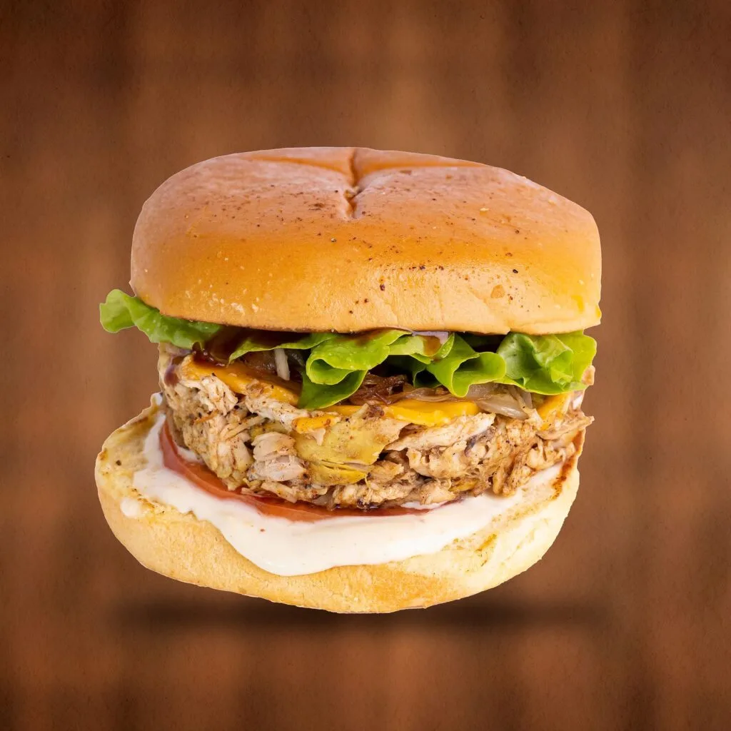 Garlic Chicken Burger - slow-cooked garlic chicken with homemade garlic sauce, BBQ and sweet chili sauce