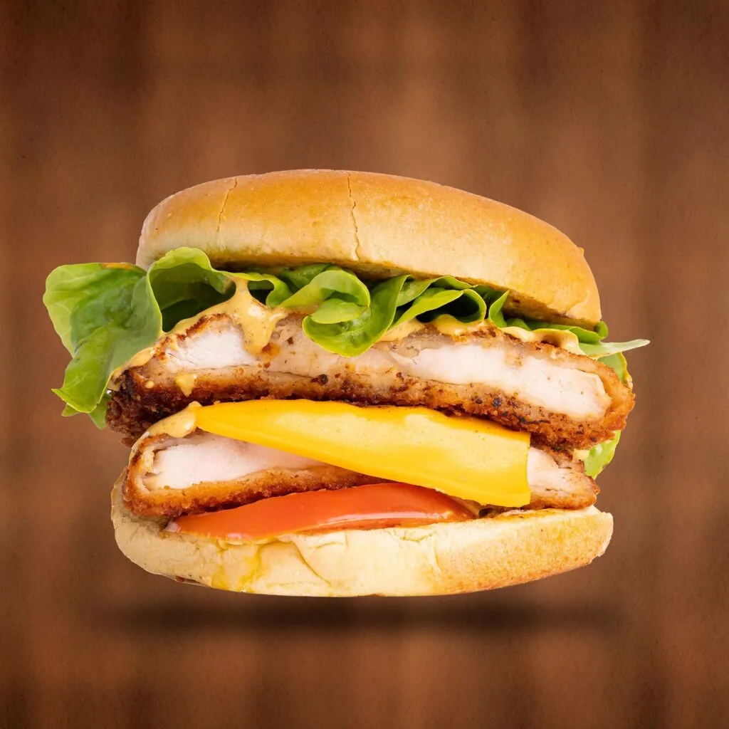 Schnitzel Burger - crispy chicken schnitzel with chip dip sauce, tomato, lettuce and cheddar cheese