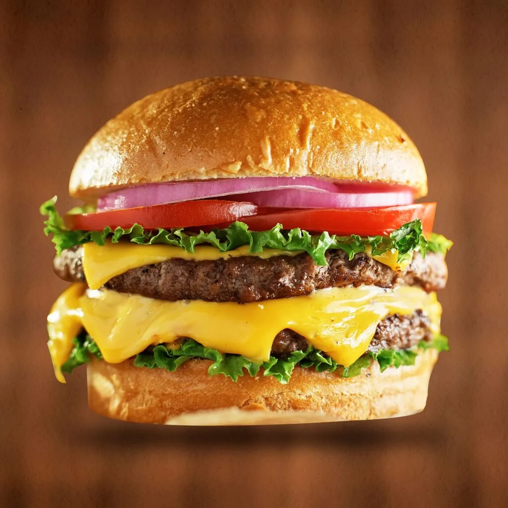 Double Beef Burger - two beef patties with lettuce, tomato, onion and cheddar cheese on a golden bun